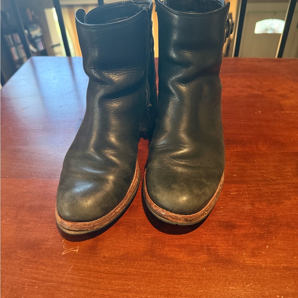 Clarks Black Leather Ankle Boots with Brown Trim